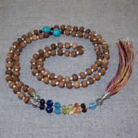 Rosary from tulasi, decorated with semiprecious stones and silver